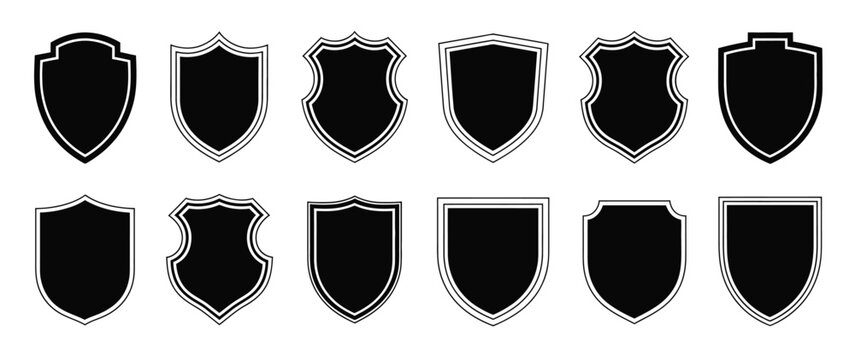 Police badge icon, shield shape silhouettes, military security emblems, football patch style symbols, protection vector illustration set.
