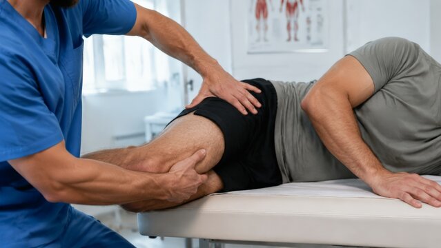 A physiotherapist in blue scrubs guides a male patient lying on his side through a hip and thigh mobilization. The clinician supports the patient&rsquo;s bent knee