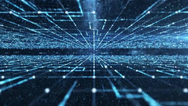 Blue digital grid network with glowing data particles