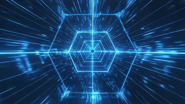 Futuristic Digital Cyber Space Background with Glowing Blue Hexagonal Portal and High Speed Data Transmission Lines
