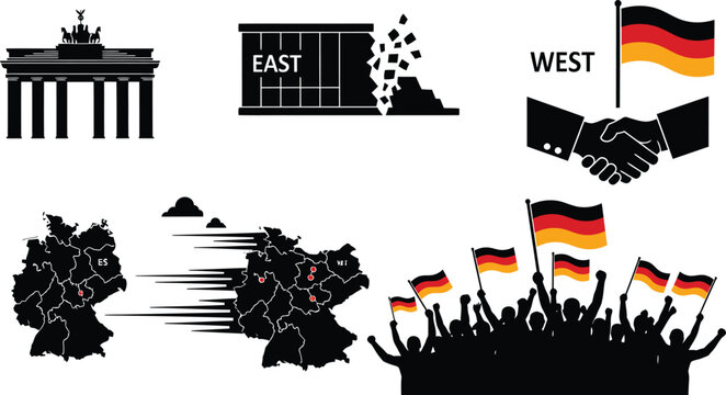German unity day reunification history berlin wall collapse and national celebration black silhouette icon set