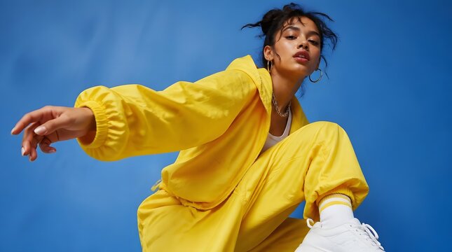 Young Woman in Energetic Yellow Streetwear Posing Dynamic Style