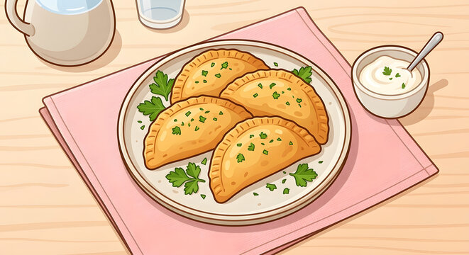 Golden baked empanadas served on a plate with dipping sauce