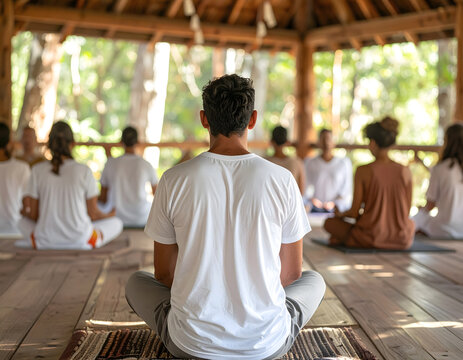 Group meditation session in a tropical wooden pavilion