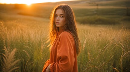 Naklejka premium Young Woman in Flowing Orange Shirt Stands in Golden Field During Sunset