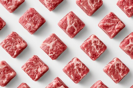 Seamless pattern of raw marbled beef cubes, presented in a diamond grid on a clean white background.