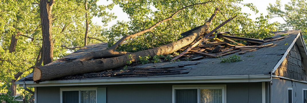 Storm damage from fallen tree on house roof Generative AI