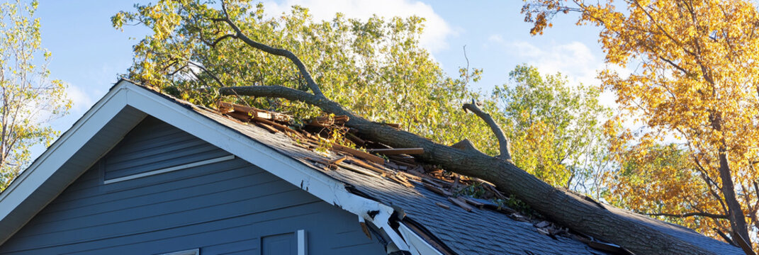 Storm damage from fallen tree on house in neighborhood Generative AI