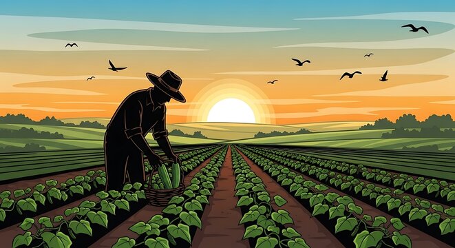 Farm Harvest at Sunset.