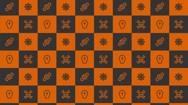 Halloween Pattern with Skulls, Coffins, and Candy on Orange and Black Background