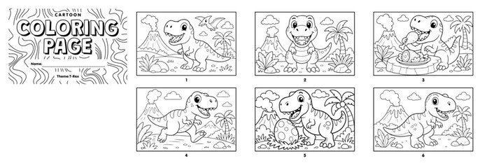 A cute, printable six-panel cartoon T-Rex dinosaur activity sheet featuring prehistoric scenes with volcanoes, palm trees, and eggs. © Hokyubi