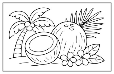 Coconut fruit illustration featuring a palm tree and tropical flowers in a simple coloring page style © Hokyubi
