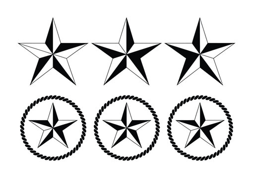 Nautical star sheriff star symbols, lone star badge shapes, outline and silhouette designs, emblem logo vector illustration set.