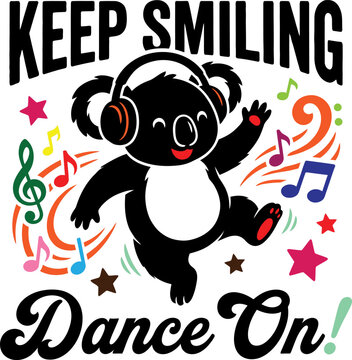 Cute koala dancing with headphones and music notes isolated on transparent background, Vector, illustration