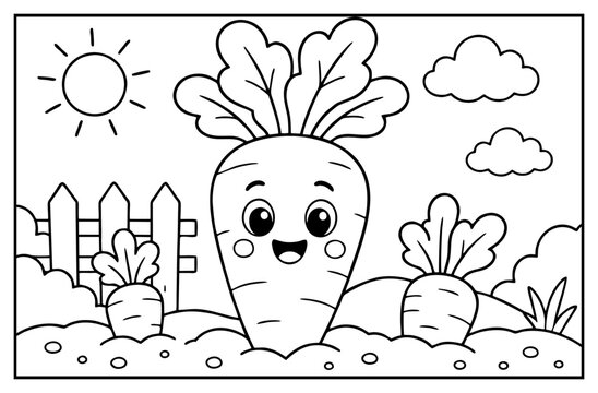 Cute carrot character in a garden vegetable patch coloring page for children with summer sunshine
