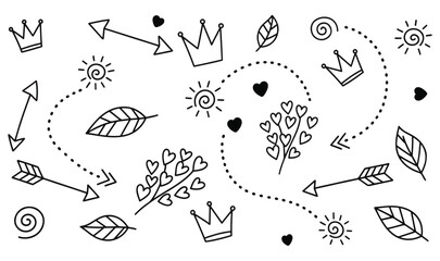 Obraz premium Premium Royal Crown Clipart Bundle - Hand-Drawn Minimalist Leaves Vector, Whimsical Heart Bush Sketch, Boho Dotted Trail Arrows & Sun Aesthetic Line Art Elements for Kids Branding & Cricut Crafts