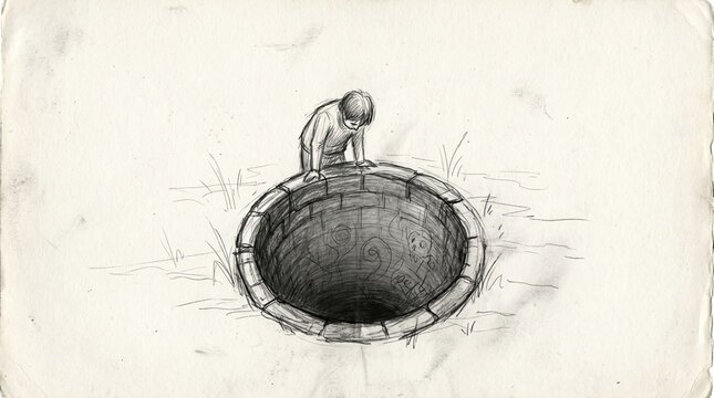 A conceptual charcoal drawing of a lonely person sitting on the edge of a deep dark stone well looking down into the empty abyss below