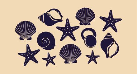 Elegant Collection of Dark Blue Seashells and Starfish. © Muginandaru