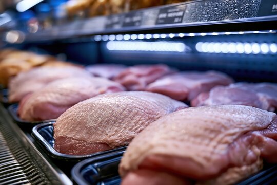 Fresh raw chicken breasts neatly arranged in black trays on a supermarket shelf with cool lighting.