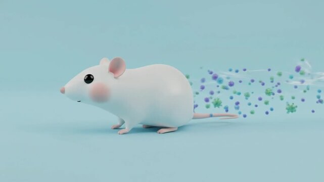 Educational 3D animation of a white mouse running, leaving a trail of hantavirus particles. This visualizes zoonotic disease transmission through rodents in a simple, informative cartoon style.