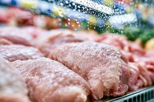 Fresh raw chicken breasts displayed in a refrigerated supermarket case with condensation on the glass.