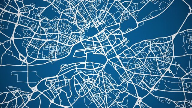Ink reveal animation of Nantes, Loire Atlantique, Pays de la Loire, France grid map. Aerial top view. Blueprint style. White lines with blue background. 4K Seamless loop.