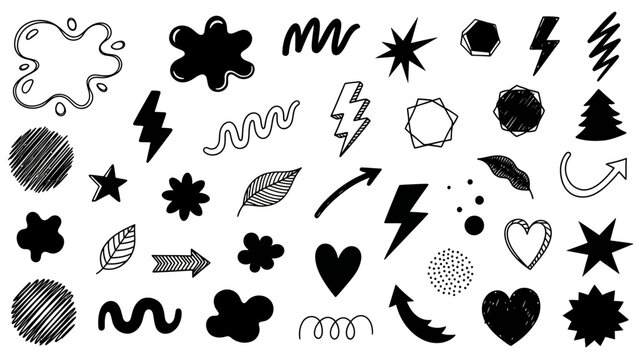 Hand-drawn doodle elements: shapes, stars, lightning, hearts, leaves, arrows