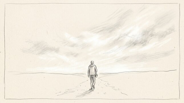 A minimalist pencil sketch of a lonely person walking down a long empty road towards a bright horizon under a cloudy sky in a conceptual style