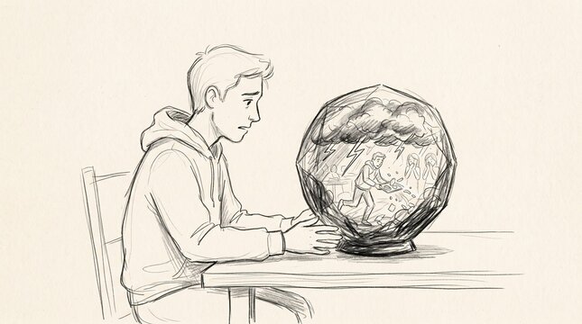 A hand drawn sketch of a young man sitting at a table looking intently into a large glowing crystal ball while practicing his psychic divination
