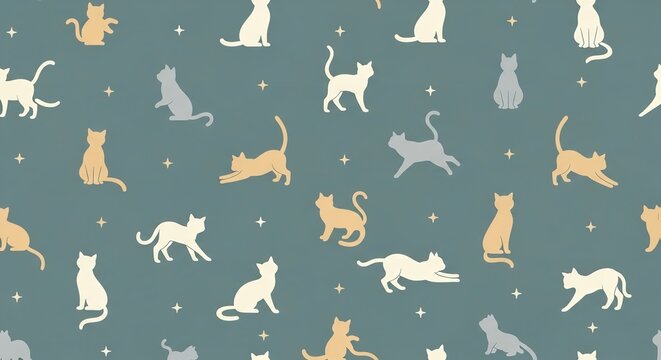 Seamless pattern with various cute cat silhouettes on blue background, seamless
