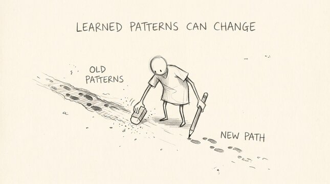 A conceptual hand drawn illustration showing a person choosing a new path over old patterns representing personal growth change mindset and breaking bad habits