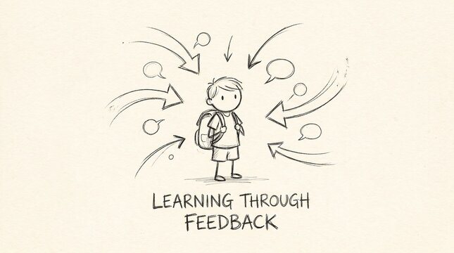 A hand drawn sketch of a student surrounded by arrows pointing towards him representing the concept of learning through feedback and constructive criticism in education