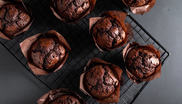 Freshly baked chocolate muffins cooling on a wire rack top view