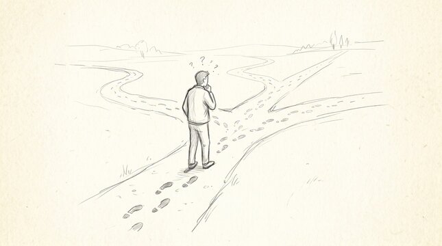 A conceptual hand drawn sketch of a person standing at a fork in the road trying to make a difficult decision about their future path