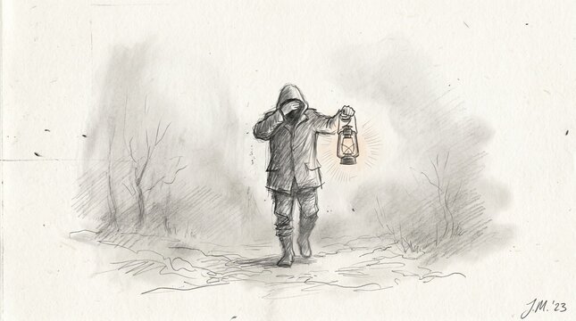 A detailed charcoal drawing of a mysterious hooded traveler walking through a thick misty forest while holding a vintage oil lantern to light the way