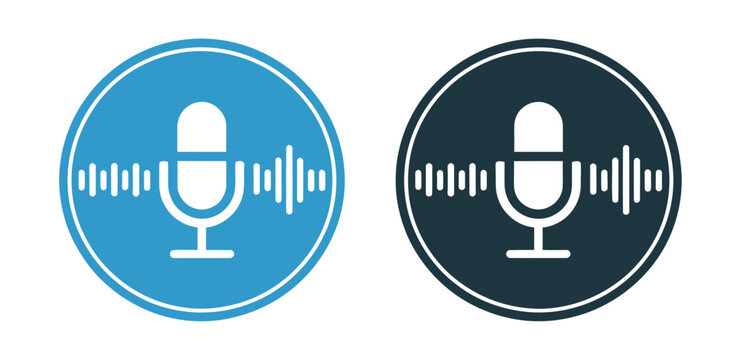 Microphone icon set, sound wave symbols, digital audio recording device graphics, voice message podcast mic icon, transparent background vector illustration.