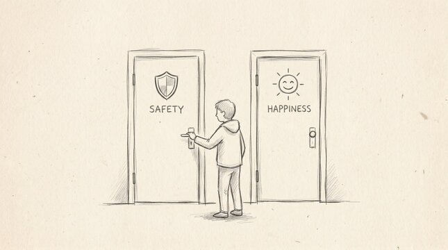 A hand drawn sketch of a person standing in front of two closed restroom doors trying to decide which one to enter in a hallway