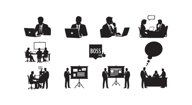 Business management and office work vector icons showing corporate life presentation board laptop boss communication.
