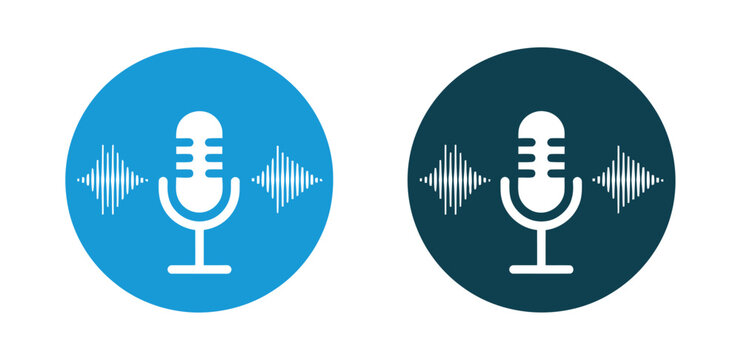 Microphone icon set, sound wave symbols, digital audio recording device graphics, voice message podcast mic icon, transparent background vector illustration.