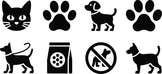 Pet care solid icon set featuring cat face dog silhouettes paw prints leash walking food bag and no dogs allowed sign. © Sumaiya