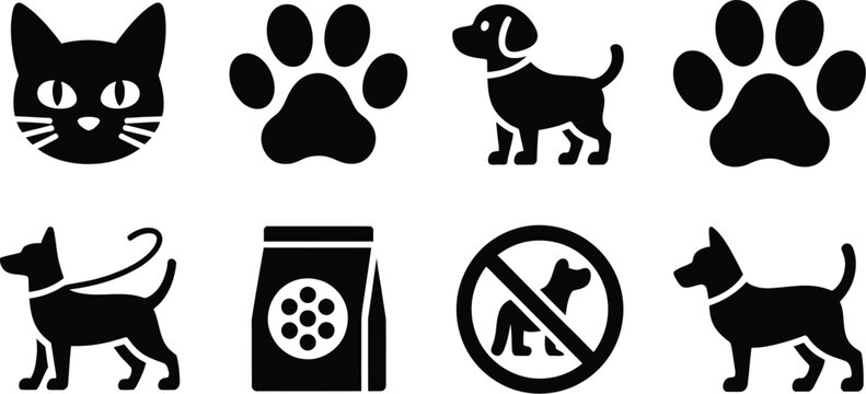 Pet care solid icon set featuring cat face dog silhouettes paw prints leash walking food bag and no dogs allowed sign.