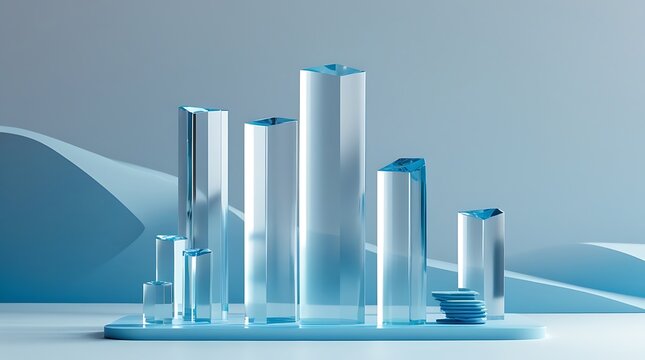 Transparent crystal columns of different heights on platform representing data metrics results.