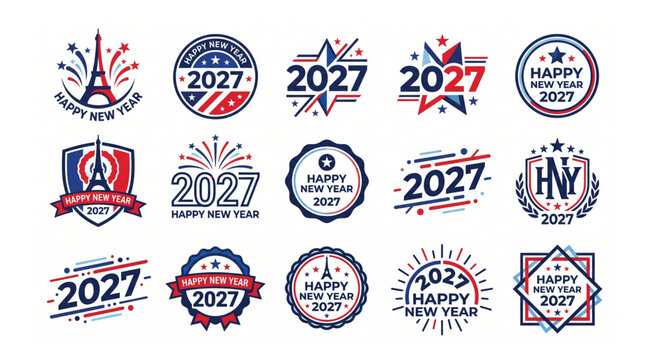 Collection of happy new year 2027 vector logo badges with eiffel tower elements celebration greeting illustration seasonal collection abstract typography fireworks landmark