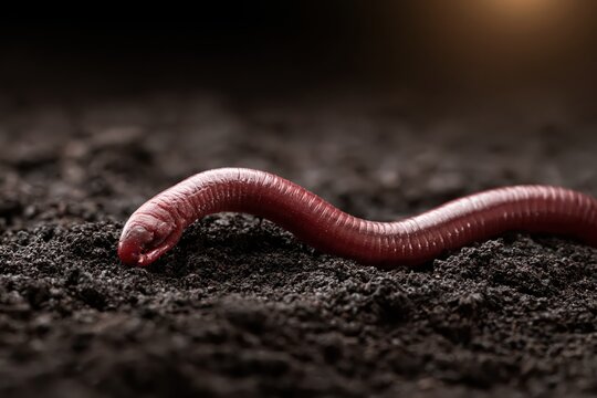 Close-up of a red earthworm moving through rich, dark soil in a macro shot.