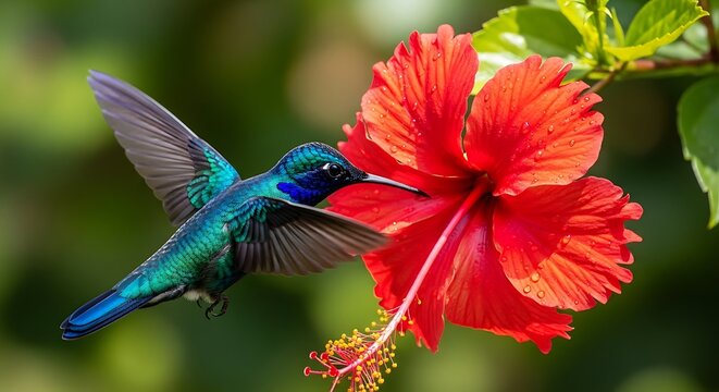 Hummingbird, green, flying, drinking nectar from red hibiscus flower, nature, wildlife, tropical
