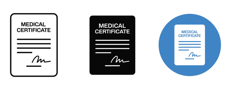 Medical certificate icon set, black white and blue variations, healthcare document symbols, verified medical report vector illustration set.