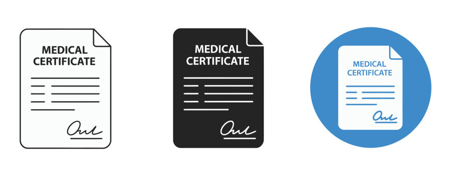 Medical certificate icon set, black white and blue variations, healthcare document symbols, verified medical report vector illustration set.