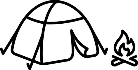 Simple line drawing of a tent and campfire, outdoor camping icon © ipulbotak