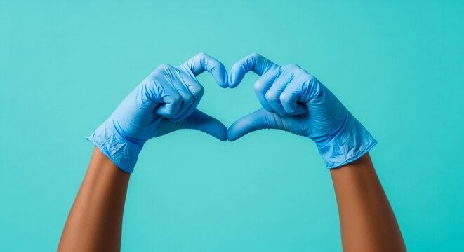African American gloved hands forming heart gesture on turquoise, hospital worker appreciation and compassionate medical care