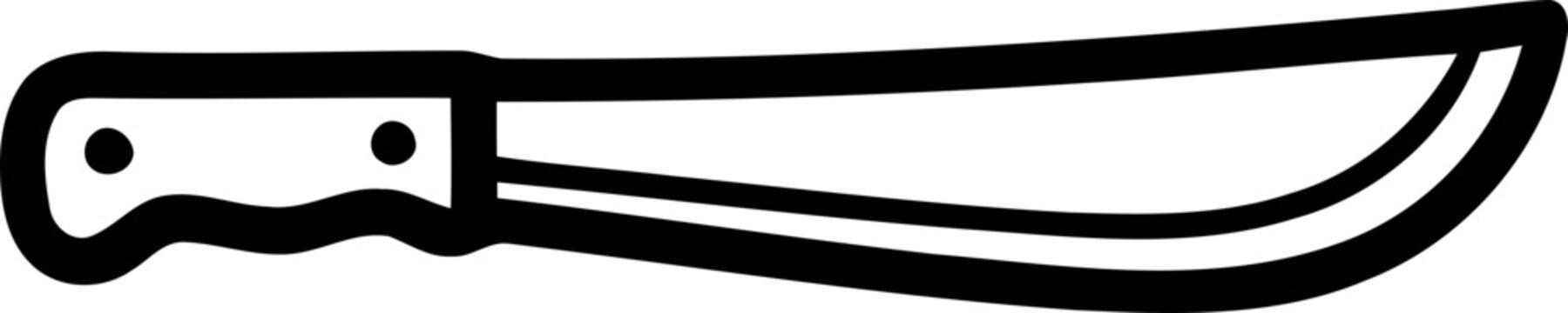 Hand-drawn machete icon, simple black and white illustration of a large knife